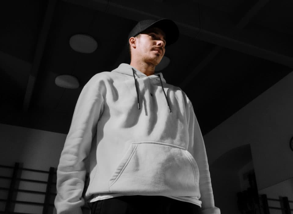 Model wearing hoodie